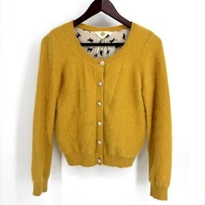 Anthropologie HWR Womens M Angora Rabbit Hair Cardigan Sweater Gold Cat Liner